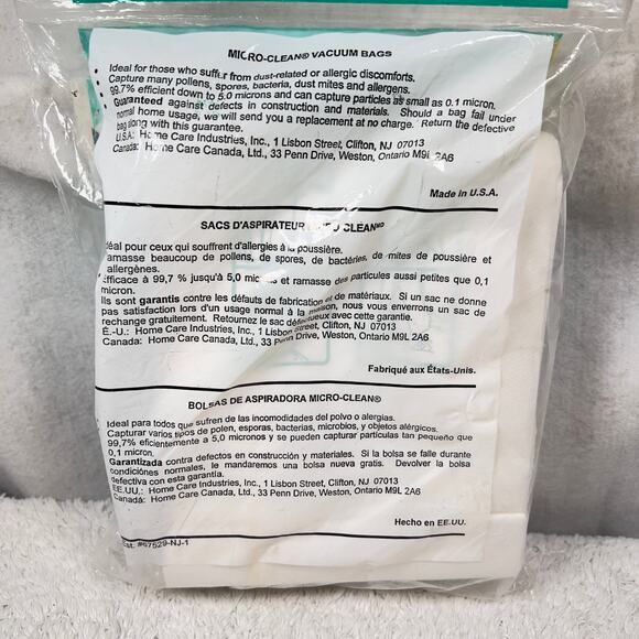 Home Care Sharp PU-2 Vacuum 3 Bags 075638009695 w MicroLiner Captures 99.7% Part - Picture 3 of 7